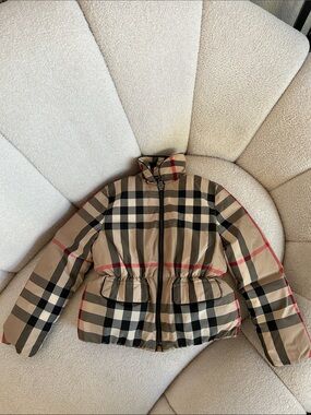 Burberry Kids Classic Check Beige and Black Puffer Jacket with Red Trim